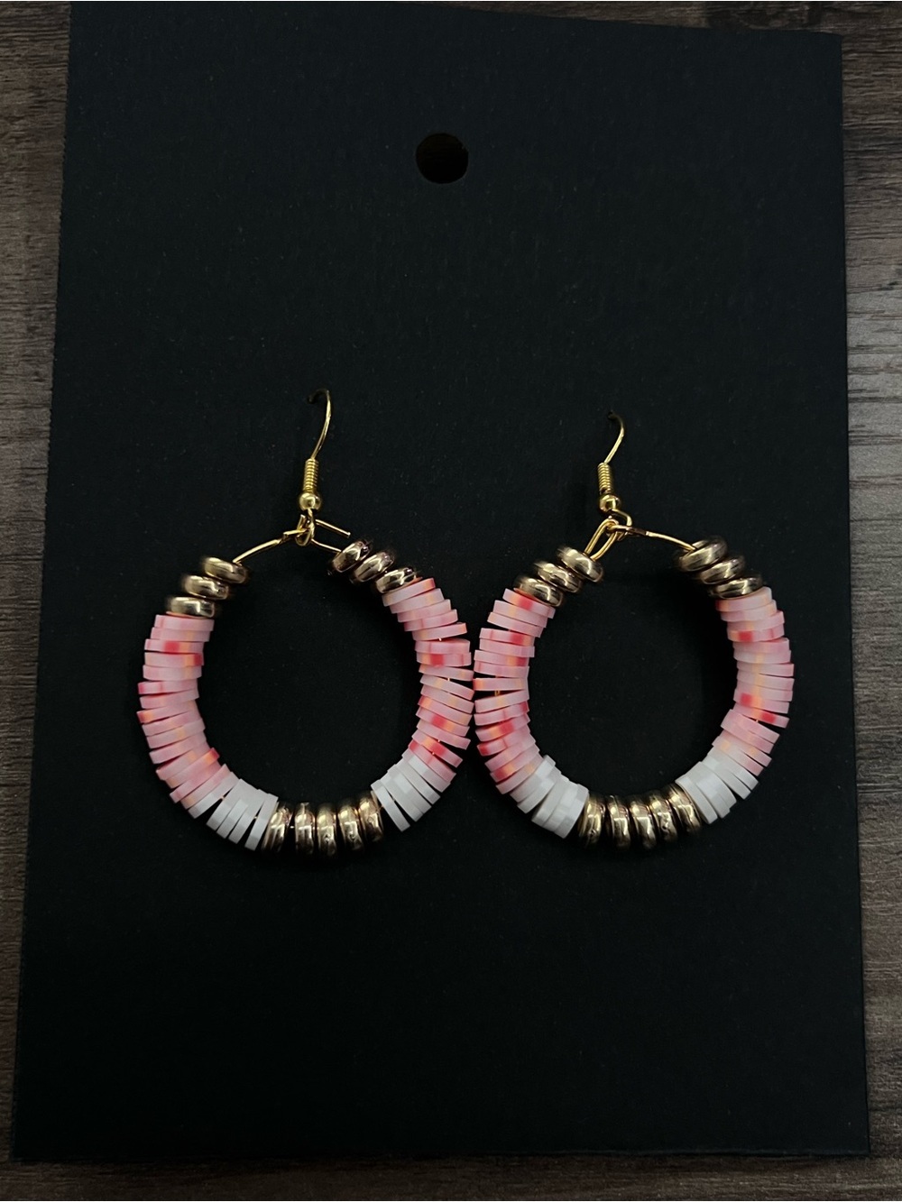 Handmade Pink & White Beaded Hoop Earrings | Lightweight Gold Tone Earrings